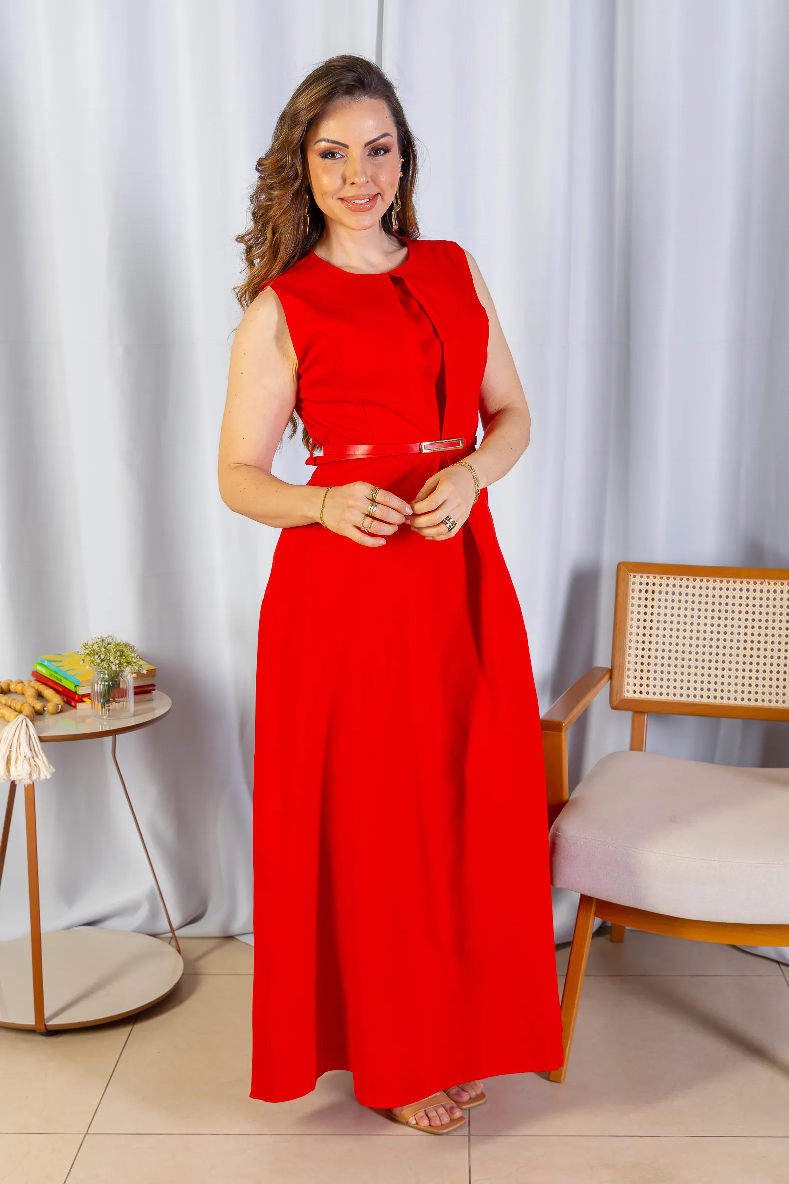 Vestido Longo Alfaiataria Detalhe Cinto Patrícia Poeta Vermelho - Image 6