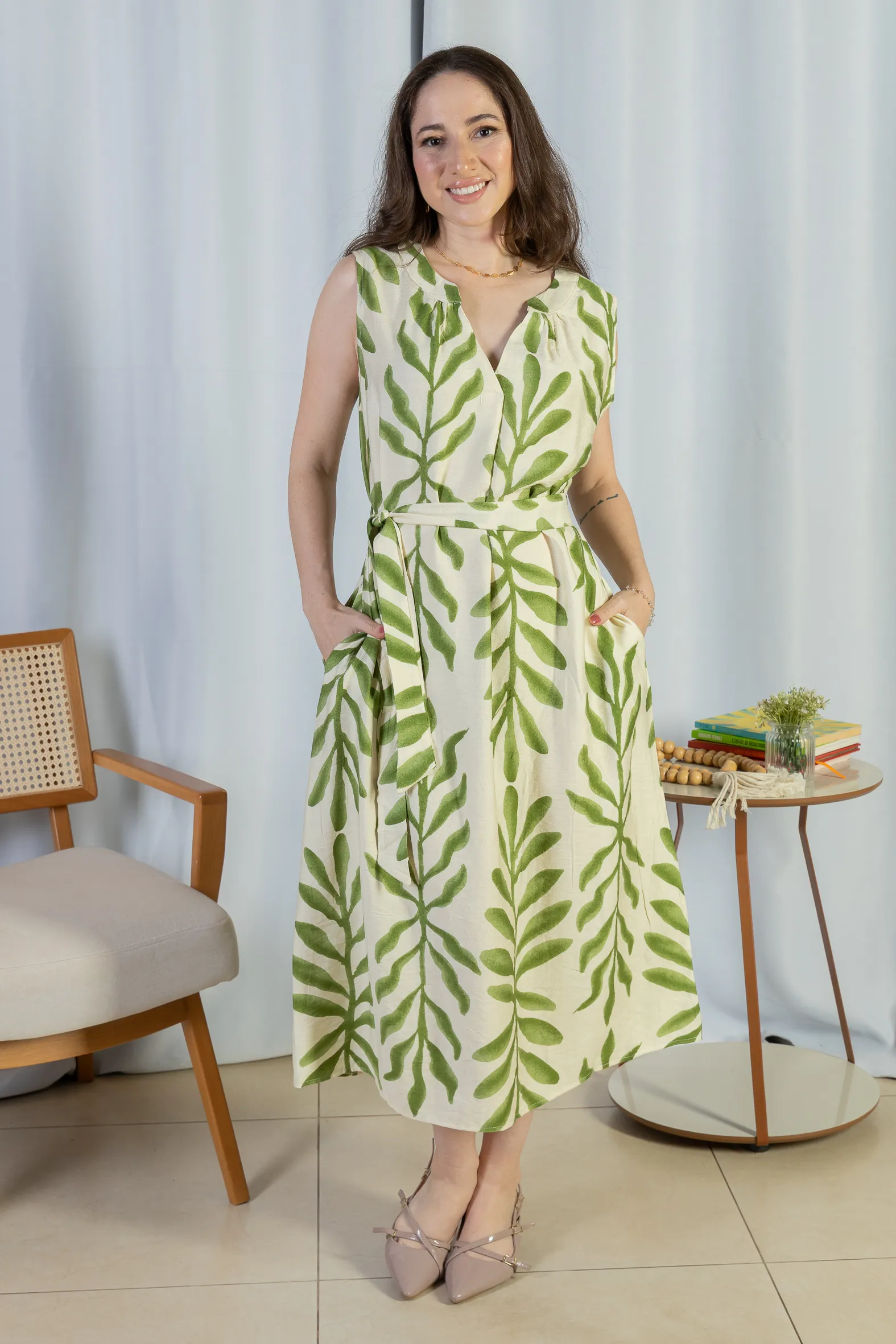 Vestido Midi Regata Visco Rústico Luana Estampado Verde - Image 10