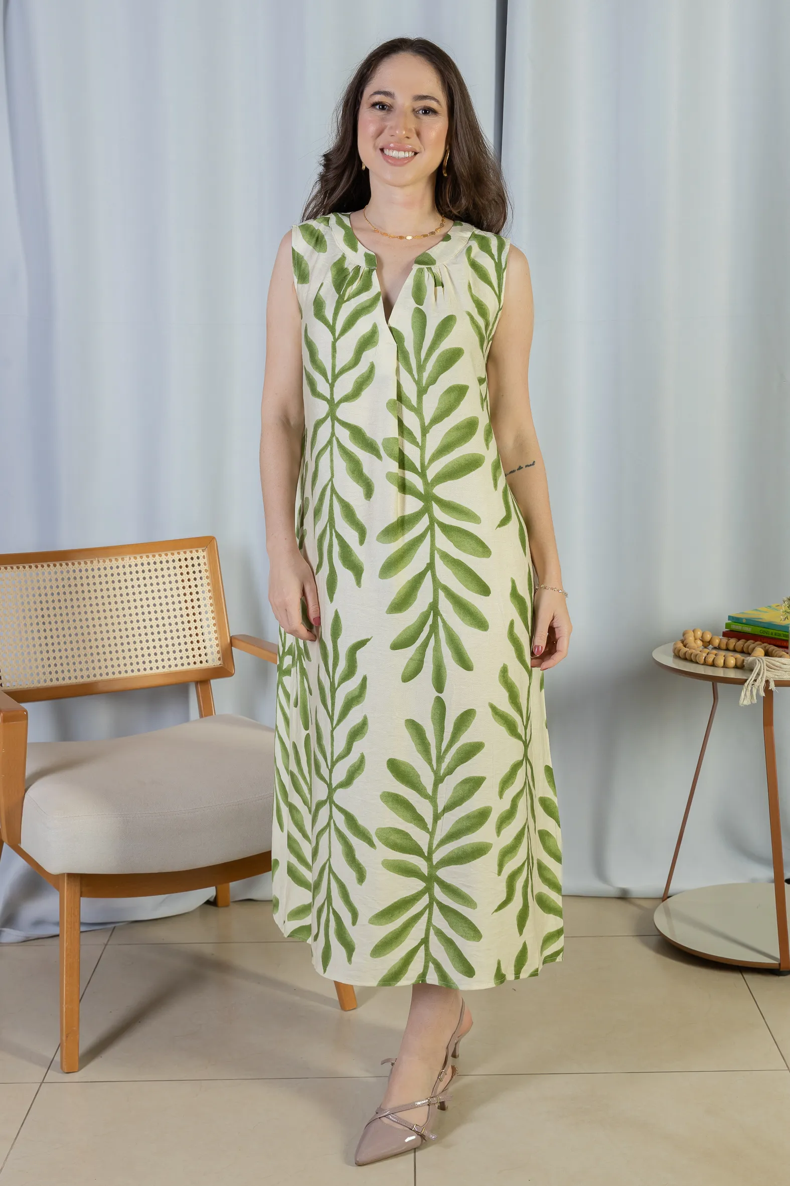 Vestido Midi Regata Visco Rústico Luana Estampado Verde - Image 6